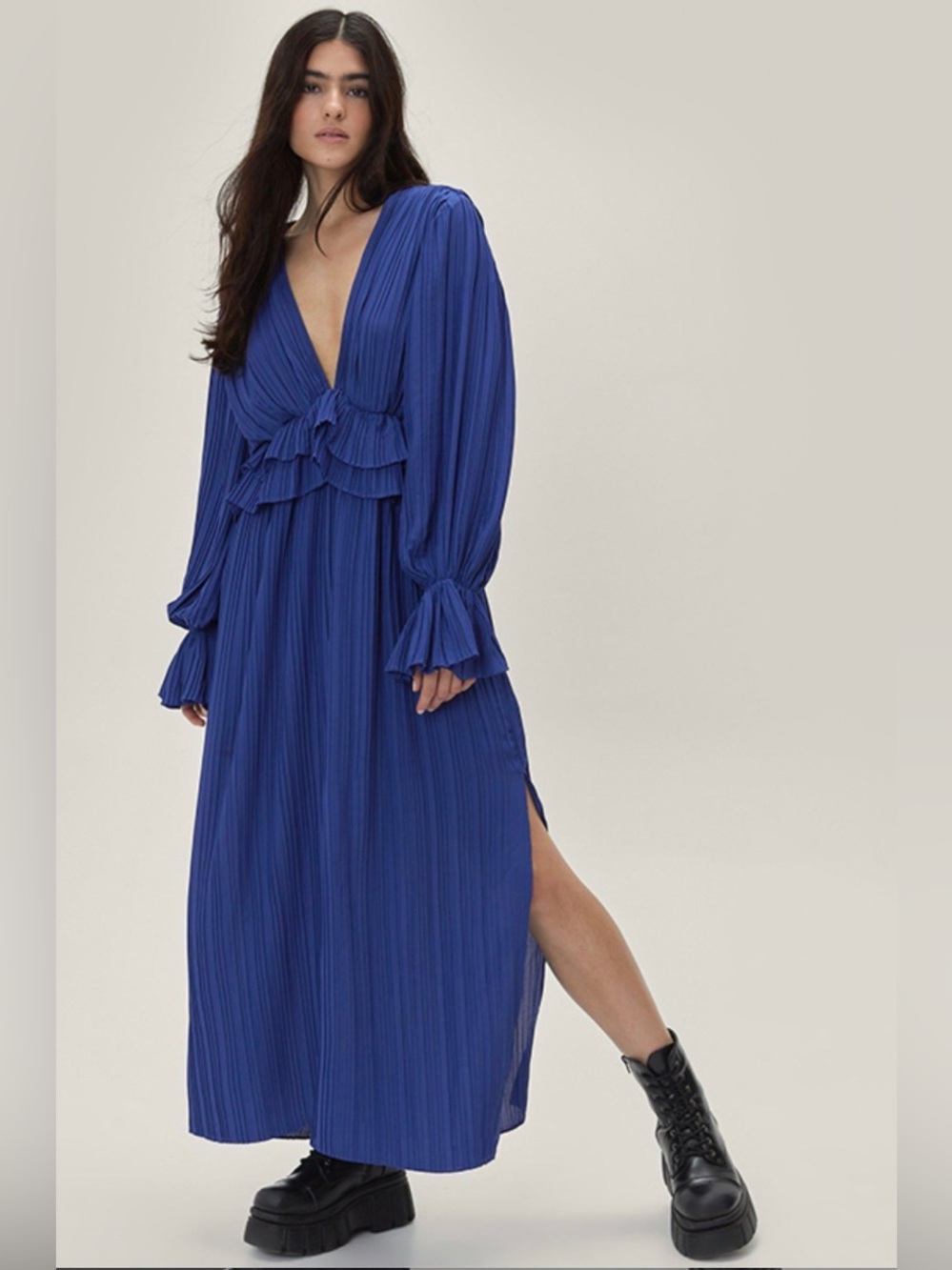 Nasty Gal Frill in Love V-Neck Maxi Dress cobalt blue US 4/UK 8